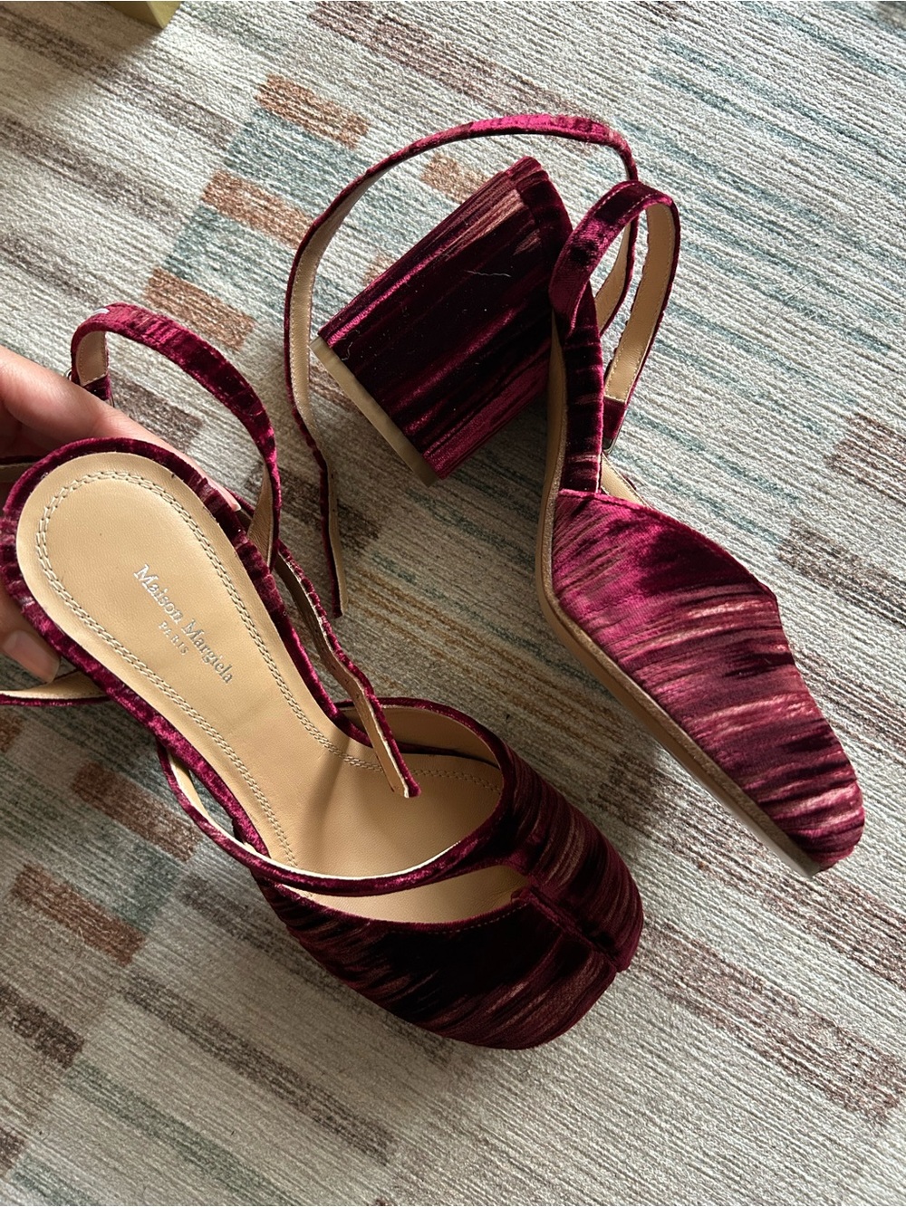 Maison Martin Margiela Wine Velvet Block Heel Sandals
